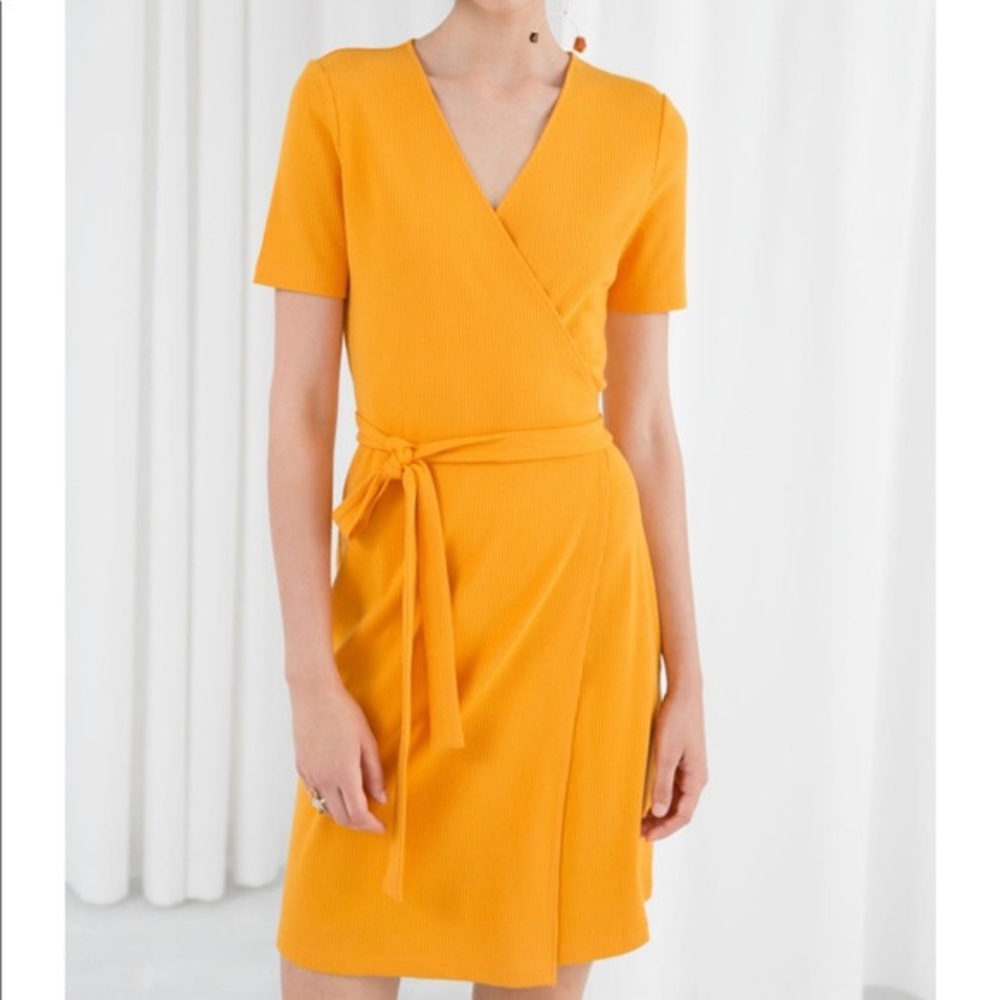 & Other Stories Ribbed Yellow Mini Wrap Dress